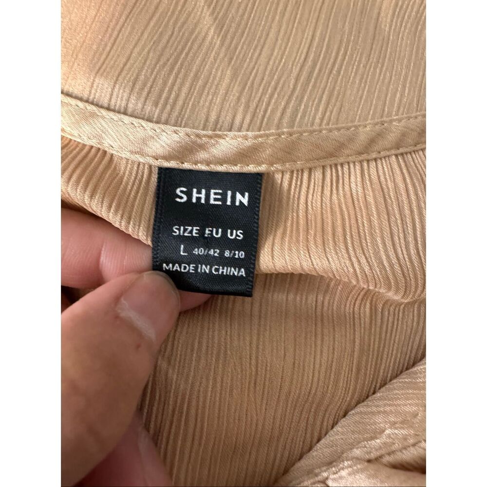 SHEIN Champagne Gold Satin Ruffle Blouse Womens Size Large L Long Balloon Sleeve - Picture 5 of 6